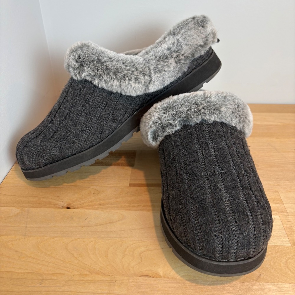 Skechers BOBS Keepsakes Ice Angel Gray Cable Knit Faux Fur Slippers Womens 10